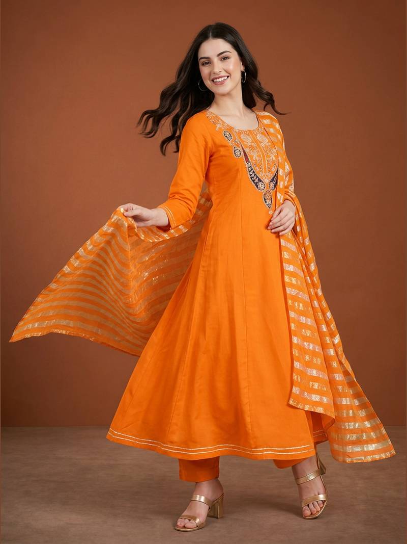 Embroidery Viscose Silk Fabric Flared Anarkali Pant and Dupatta Set