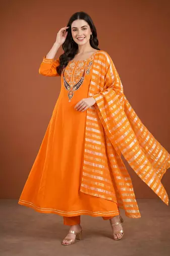 Embroidery Viscose Silk Fabric Flared Anarkali Pant and Dupatta Set