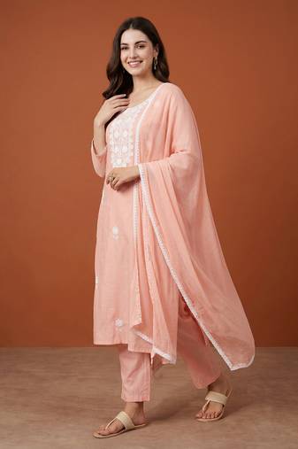 Women's Gorgeous Thread Work Pure Cotton Fabric Straight Kurta Pant and Dupatta Set
