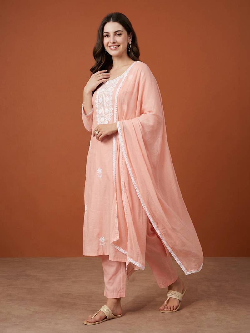 Women's Gorgeous Thread Work Pure Cotton Fabric Straight Kurta Pant and Dupatta Set