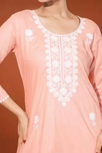 Women's Gorgeous Thread Work Pure Cotton Fabric Straight Kurta Pant and Dupatta Set