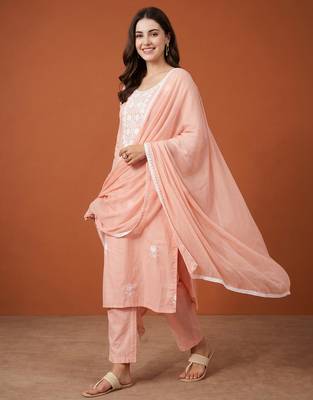 Women's Gorgeous Thread Work Pure Cotton Fabric Straight Kurta Pant and Dupatta Set 3