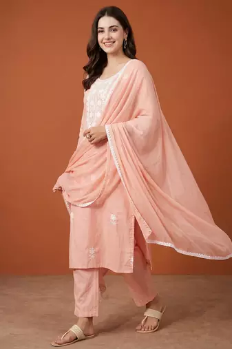 Women's Gorgeous Thread Work Pure Cotton Fabric Straight Kurta Pant and Dupatta Set