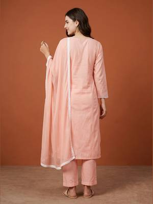 Women's Gorgeous Thread Work Pure Cotton Fabric Straight Kurta Pant and Dupatta Set 4