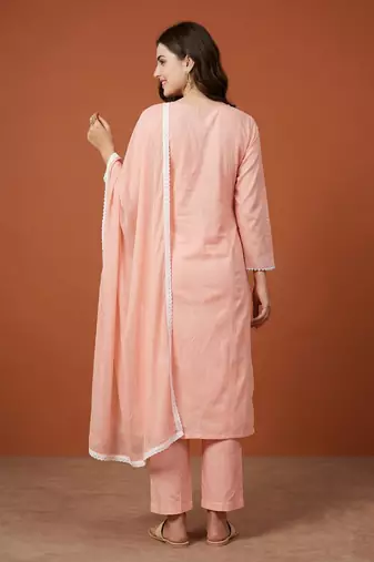Women's Gorgeous Thread Work Pure Cotton Fabric Straight Kurta Pant and Dupatta Set