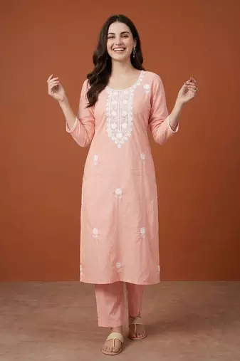 Women's Gorgeous Thread Work Pure Cotton Fabric Straight Kurta Pant and Dupatta Set