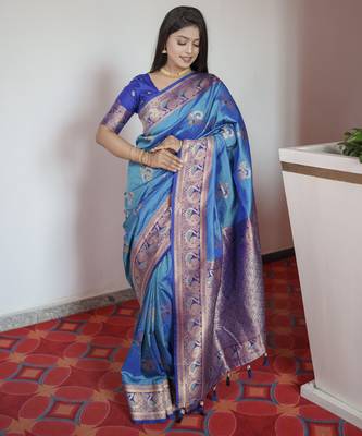 Blue banarasi silk blend saree with paithani rich weaved pallu and blouse 1