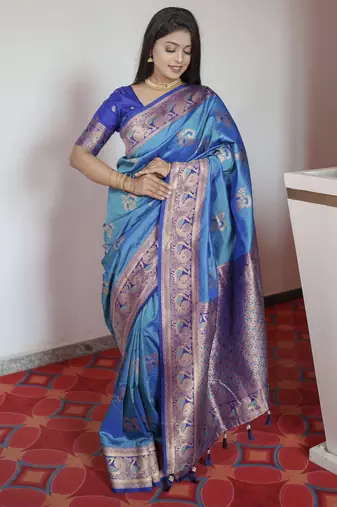 Blue banarasi silk blend saree with paithani rich weaved pallu and blouse