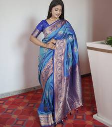 Blue banarasi silk blend saree with paithani rich weaved pallu and blouse
