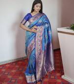 Blue banarasi silk blend saree with paithani rich weaved pallu and blouse