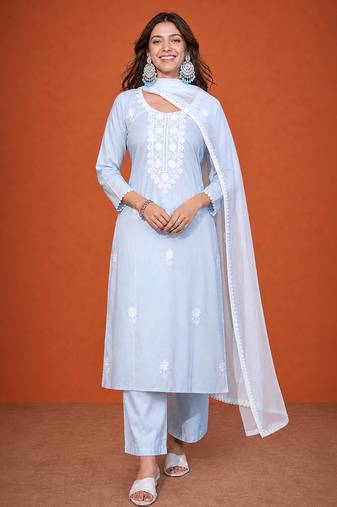 Women's Gorgeous Thread Pure Cotton Fabric Straight Kurta Pant and Dupatta Set
