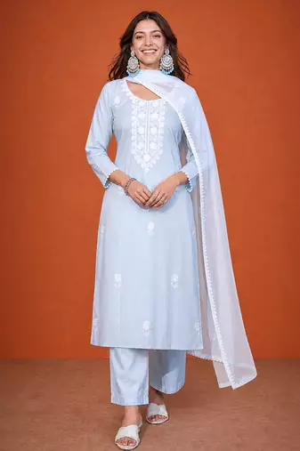 Women's Gorgeous Thread Pure Cotton Fabric Straight Kurta Pant and Dupatta Set