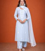 Women's Gorgeous Thread Pure Cotton Fabric Straight Kurta Pant and Dupatta Set