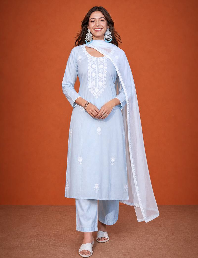 Women's Gorgeous Thread Pure Cotton Fabric Straight Kurta Pant and Dupatta Set