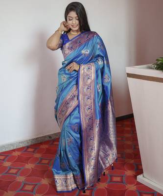 Blue banarasi silk blend saree with paithani rich weaved pallu and blouse 2