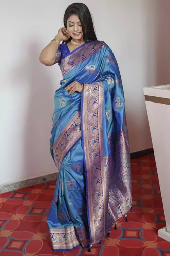 Blue banarasi silk blend saree with paithani rich weaved pallu and blouse