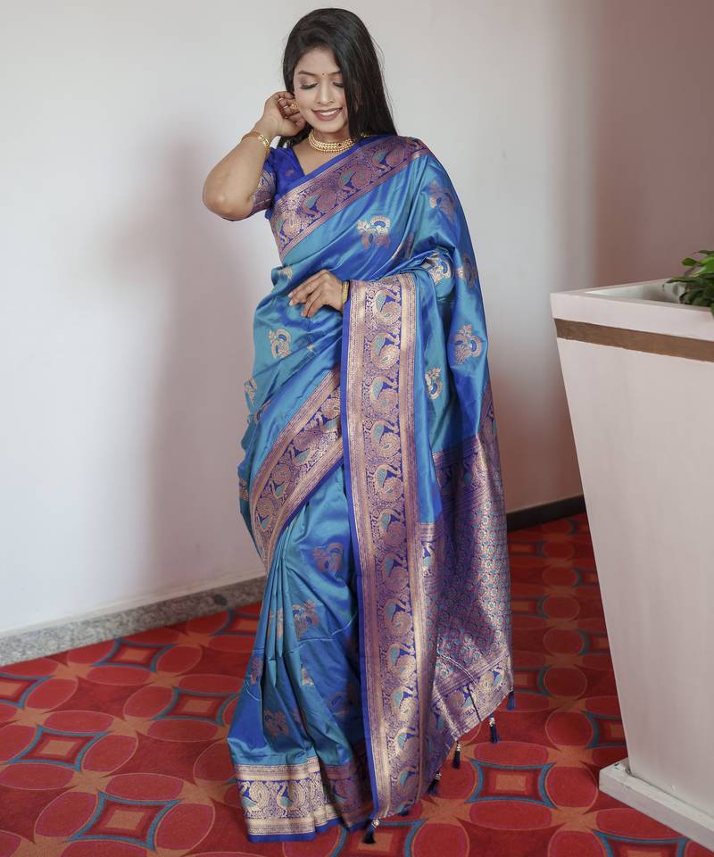 Blue banarasi silk blend saree with paithani rich weaved pallu and blouse
