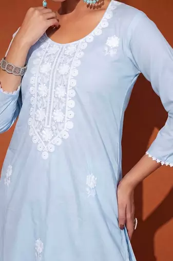 Women's Gorgeous Thread Pure Cotton Fabric Straight Kurta Pant and Dupatta Set