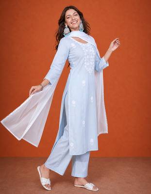 Women's Gorgeous Thread Pure Cotton Fabric Straight Kurta Pant and Dupatta Set 3