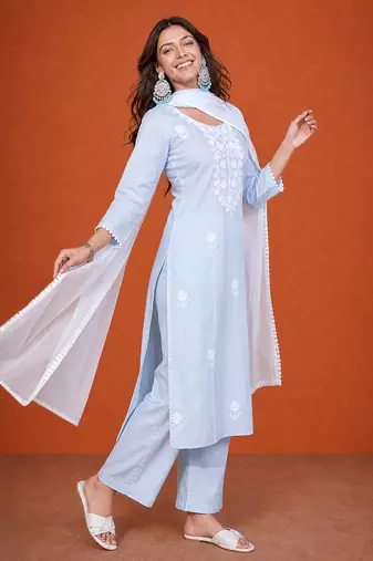 Women's Gorgeous Thread Pure Cotton Fabric Straight Kurta Pant and Dupatta Set