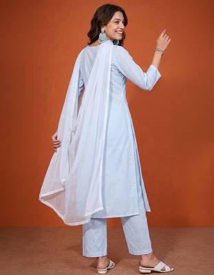 Women's Gorgeous Thread Pure Cotton Fabric Straight Kurta Pant and Dupatta Set 4