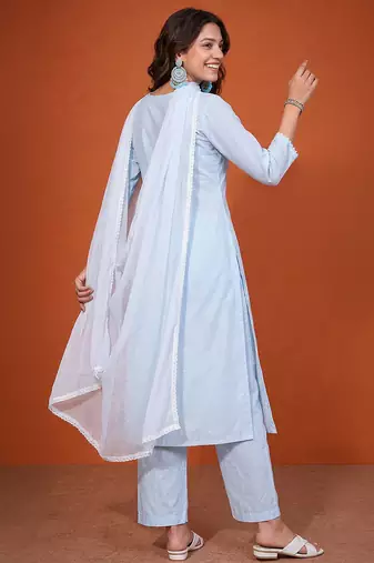 Women's Gorgeous Thread Pure Cotton Fabric Straight Kurta Pant and Dupatta Set