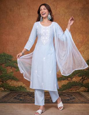 Women's Gorgeous Thread Pure Cotton Fabric Straight Kurta Pant and Dupatta Set 5