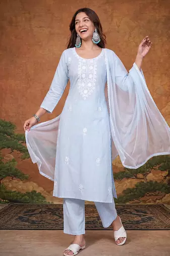Women's Gorgeous Thread Pure Cotton Fabric Straight Kurta Pant and Dupatta Set