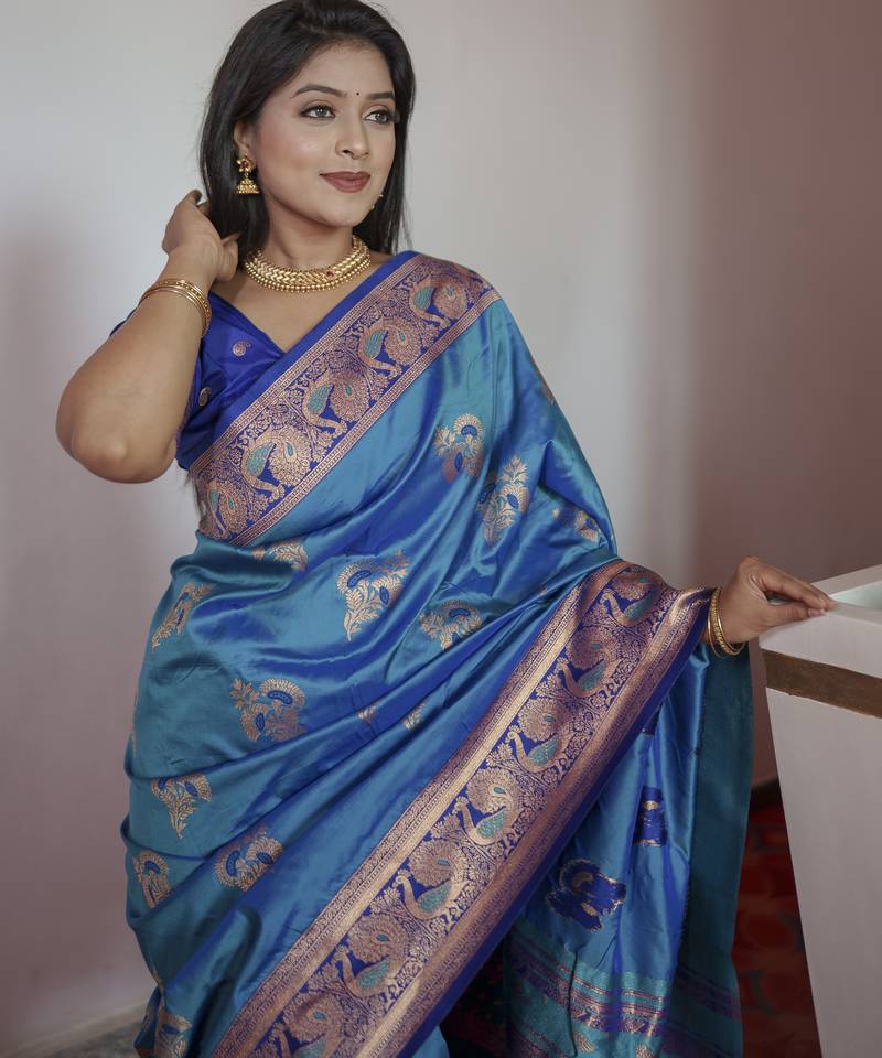 Blue banarasi silk blend saree with paithani rich weaved pallu and blouse