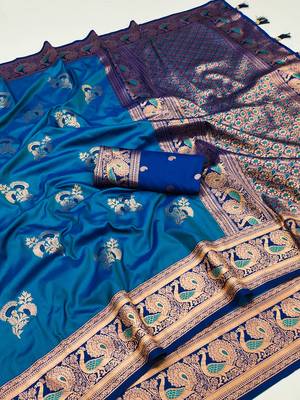 Blue banarasi silk blend saree with paithani rich weaved pallu and blouse 4