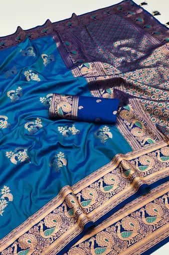 Blue banarasi silk blend saree with paithani rich weaved pallu and blouse