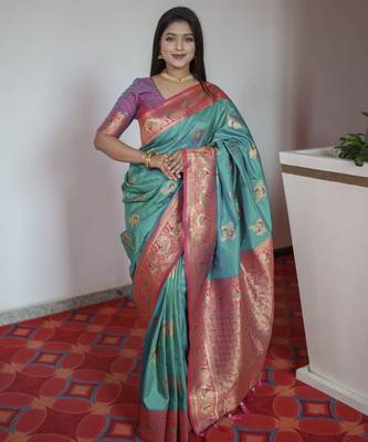 Sea green banarasi blend silk saree with paithani rich weaved pallu and blouse 1