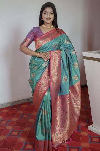 Sea green banarasi blend silk saree with paithani rich weaved pallu and blouse