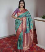 Sea green banarasi blend silk saree with paithani rich weaved pallu and blouse