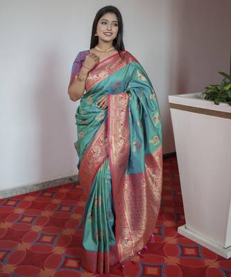Sea green banarasi blend silk saree with paithani rich weaved pallu and blouse 2