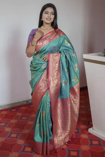 Sea green banarasi blend silk saree with paithani rich weaved pallu and blouse