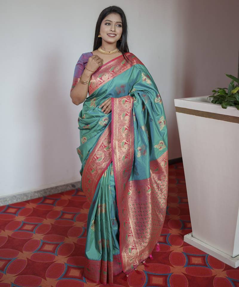 Sea green banarasi blend silk saree with paithani rich weaved pallu and blouse