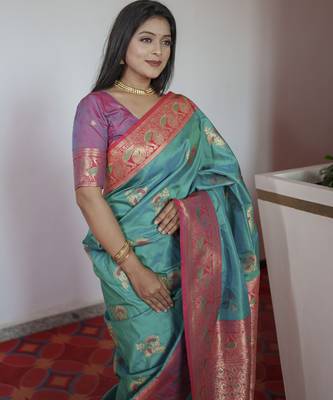 Sea green banarasi blend silk saree with paithani rich weaved pallu and blouse 3