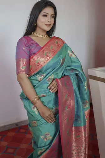 Sea green banarasi blend silk saree with paithani rich weaved pallu and blouse