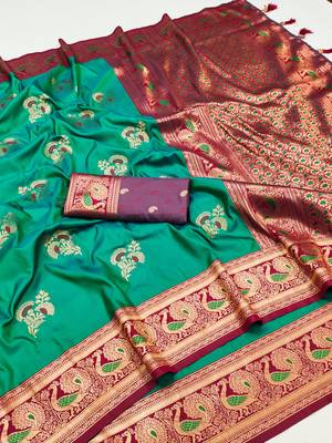 Sea green banarasi blend silk saree with paithani rich weaved pallu and blouse 4