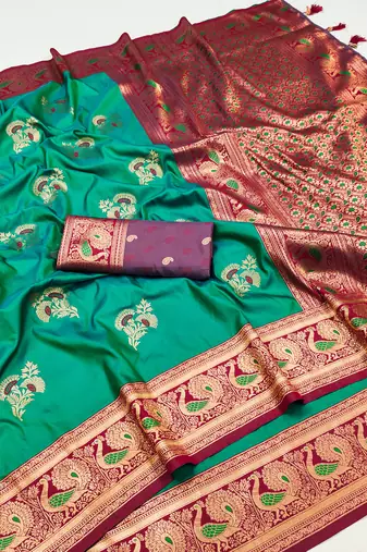 Sea green banarasi blend silk saree with paithani rich weaved pallu and blouse