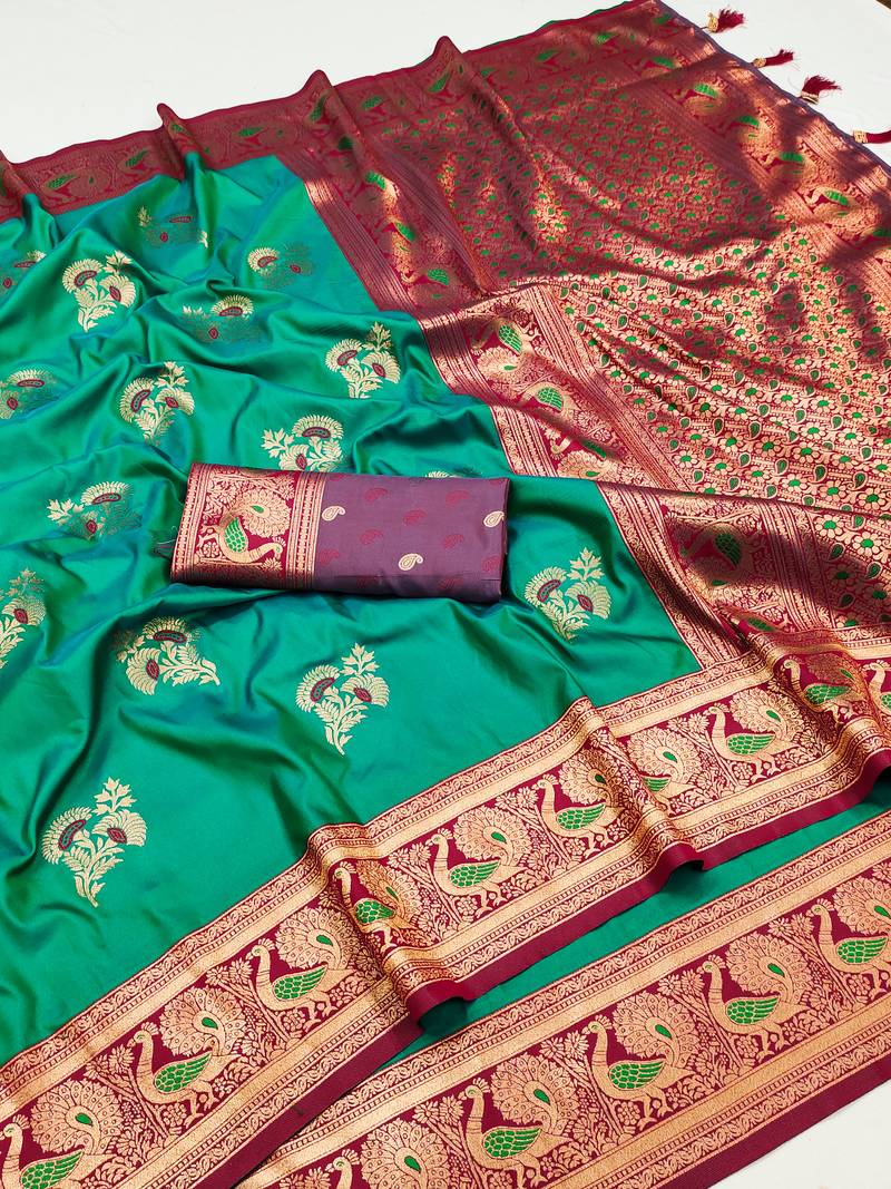 Sea green banarasi blend silk saree with paithani rich weaved pallu and blouse