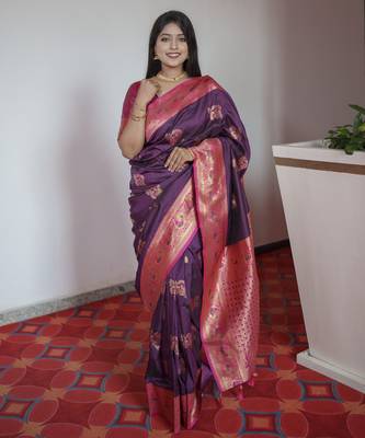 Wine banarasi silk blend saree with paithani rich weaved pallu and blouse 1