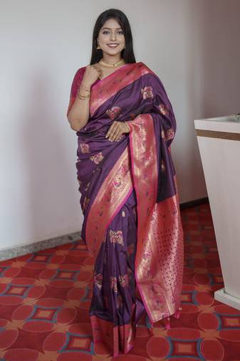 Wine banarasi silk blend saree with paithani rich weaved pallu and blouse