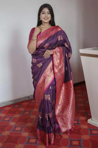 Wine banarasi silk blend saree with paithani rich weaved pallu and blouse