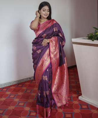 Wine banarasi silk blend saree with paithani rich weaved pallu and blouse 2