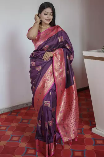 Wine banarasi silk blend saree with paithani rich weaved pallu and blouse