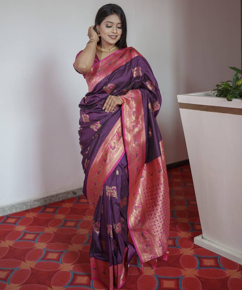 Wine banarasi silk blend saree with paithani rich weaved pallu and blouse