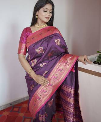 Wine banarasi silk blend saree with paithani rich weaved pallu and blouse 3