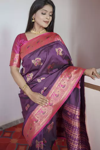 Wine banarasi silk blend saree with paithani rich weaved pallu and blouse